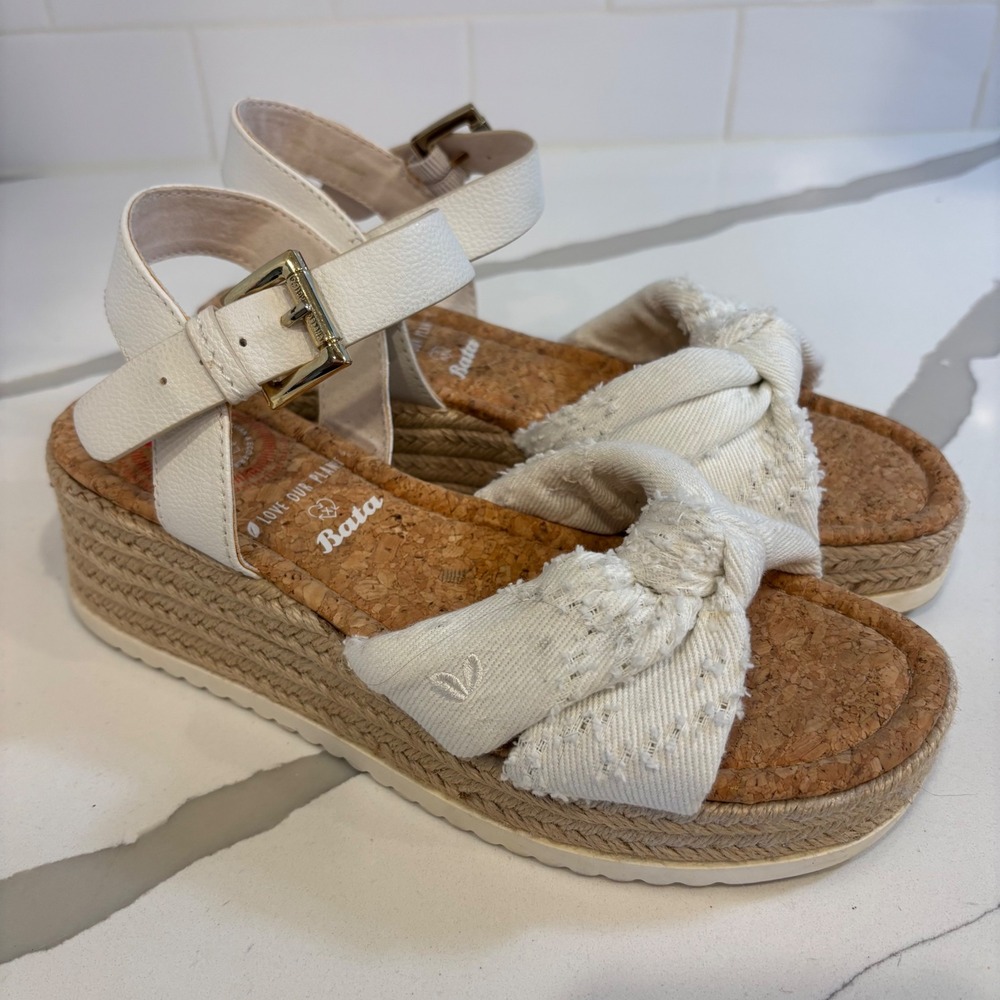 Bata Love Our Planet White Canvas Knot Platform Espadrille Sandals Vegan Size 37